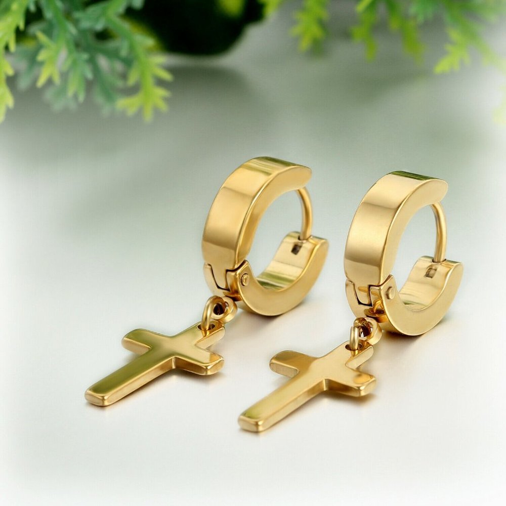 Mens Gold Stainless Steel Cross Hoop Huggie Dangle Earrings 14mm Party Gift